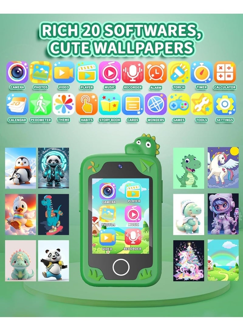 لعبة هاتف تعليمي بشاشة لمس للأولاد والبنات من 3 إلى 10 سنوات، شاشة 2.8 بوصة بكاميرتين مزدوجة، ألعاب تعليمية، مشغل موسيقى، تتضمن بطاقة ذاكرة 8 جيجابايت - أخضر - Image 3